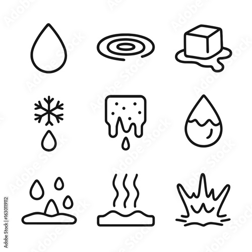 Slush Water Icon Set. Outline icon set of slush water and moisture: water droplet, puddle ripple, ice melt, snow drip,