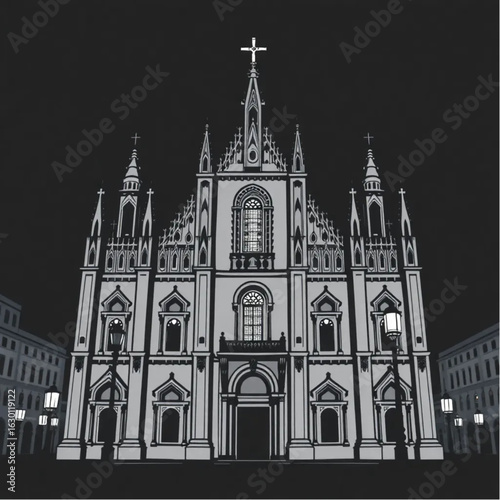 Milan Cathedral with glowing lanterns in Milan at midnight with glowing lanterns