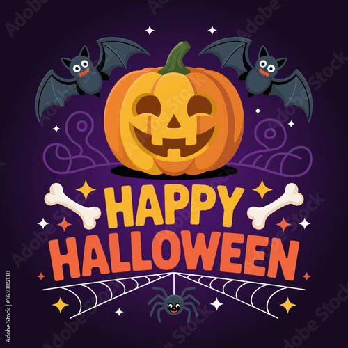 Pumpkin and bat Halloween art, bone swirl festive background, creative poster design, unique vector illustration for decor