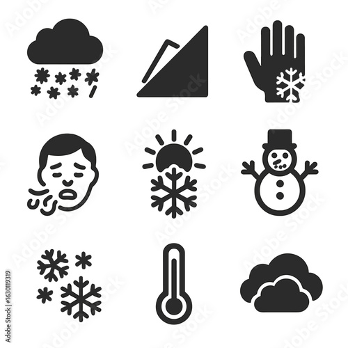 Winter Weather Icons. Solid, filled icons set of winter weather conditions: snowstorm, icy slope, frostbite,