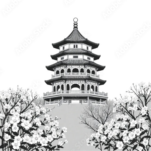 Bell Tower surrounded by blooming flowers in Xi'an bathed in early morning light