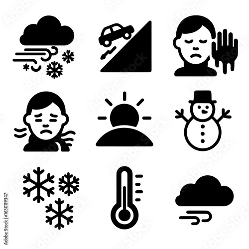 Winter Weather Icons. Solid, filled icons set of winter weather conditions: snowstorm, icy slope, frostbite,