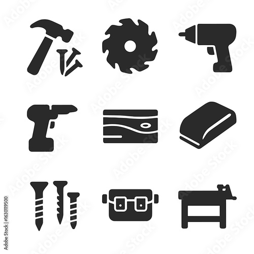 Woodworking Tools Icons. Solid, filled icons set of woodworking DIY: hammer, nails, saw blade, drill, wood