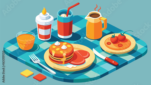 Isometric breakfast scene with pancakes, juice, coffee, and strawberries on a checkered tablecloth