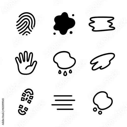 Smudge Effect Icons. Outline icon set of smudge effects: fingerprint smudge, ink blot, paint smear, dirty handprint, grease stain,