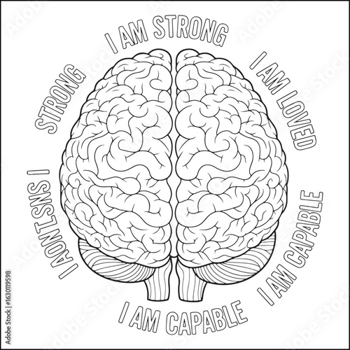 A black-and-white coloring page. Positive affirmations around a peaceful brain design.