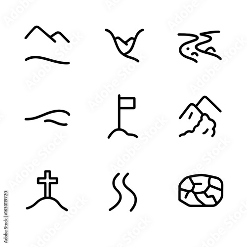 Snowfield Icon Set. Outline icon set of snowfield landscape features: ridge, valley, frozen stream, snowdrift, avalanche path,
