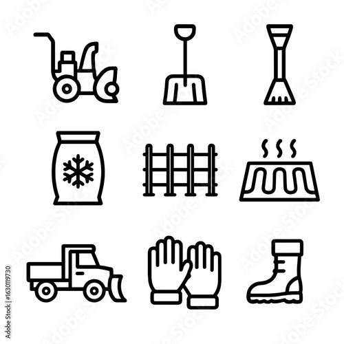Snow Maintenance Icons. Outline icon set of snow maintenance and tools: snowblower, snow shovel, ice scraper, salt bag, snow fence