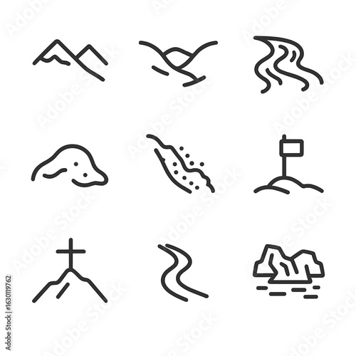 Snowfield Icon Set. Outline icon set of snowfield landscape features: ridge, valley, frozen stream, snowdrift, avalanche path,