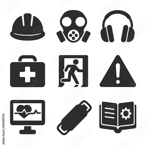 Worker Safety Icons. Solid, filled icons set of worker safety and health: safety helmet, gas mask, ear