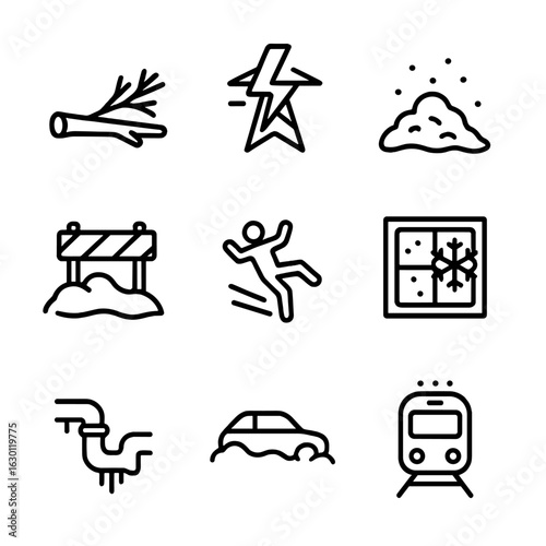 Snowstorm Icon Set. Outline icon set of snowstorm effects: fallen tree, power outage, snow pile, blocked path, slippery surface,