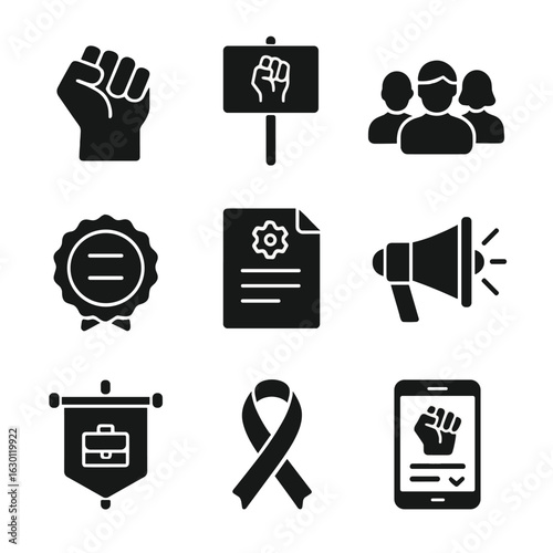 Workplace Activism Icons. Solid, filled icons set of social activism at the workplace: raised fist, protest