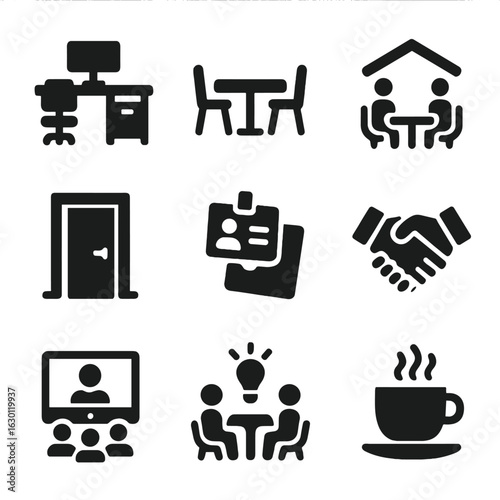 Workplace Icons Grid. Solid, filled icons set of workplace proximity: office desks, meeting table, coworking