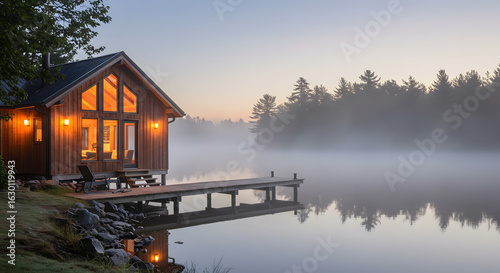 A serene boathouse cabin rests on a calm lake at sunrise, with a light fog blanketing the water. High-ranking keywords: 