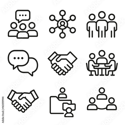 Social Connection Icons. Outline icon set of social connections: group chat, friends network, community, linked profiles, message