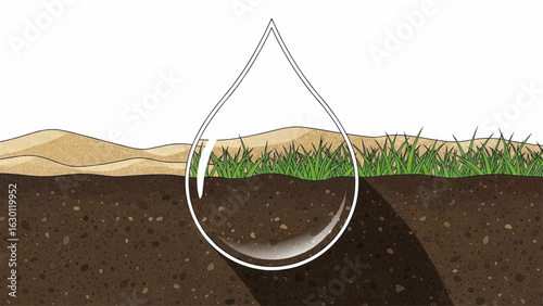 Conceptual illustration of a water drop irrigating a cross-section of soil, contrasting arid land with fertile green grass