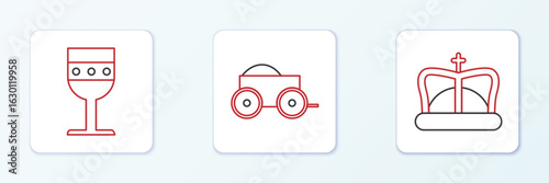 Set line King crown, Medieval goblet and Wooden four-wheel cart icon. Vector