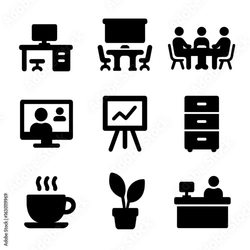 Workplace Icons Grid. Solid, filled icons set of workplace environments: office desk, conference room,