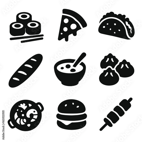 World Cuisine Icons. Solid, filled icons set of world cuisines: sushi, pizza slice, taco, baguette, curry bowl