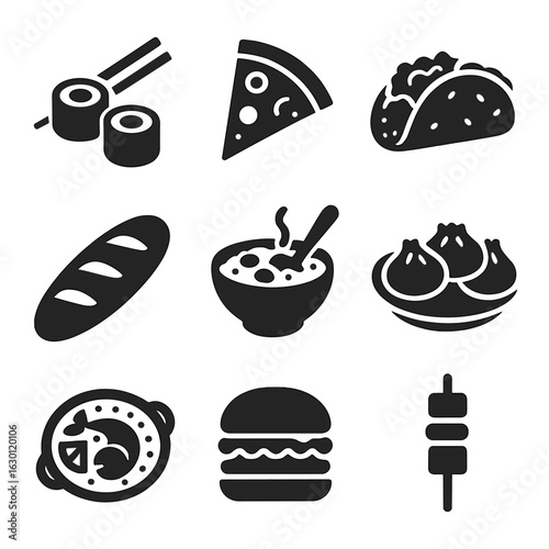 World Cuisine Icons. Solid, filled icons set of world cuisines: sushi, pizza slice, taco, baguette, curry bowl