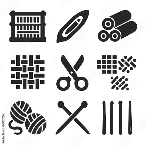 Woven Textile Icons. Solid, filled icons set of woven home textiles: loom, shuttle, fabric rolls, woven