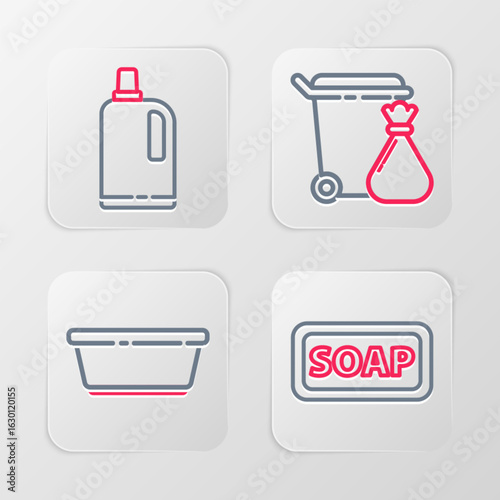 Set line Bar of soap, Plastic basin, Trash can and garbage bag and Fabric softener icon. Vector
