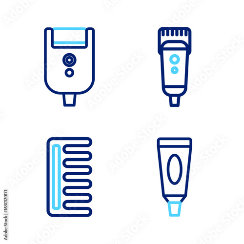 Set line Cream or lotion cosmetic tube, Hairbrush, Electrical hair clipper shaver and razor blade for men icon. Vector