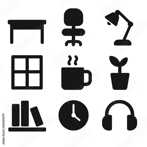 Writing Icons Grid. Solid, filled icons set of Writing environment: desk, chair, lamp, window, coffee mug,