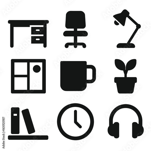 Writing Icons Grid. Solid, filled icons set of Writing environment: desk, chair, lamp, window, coffee mug,