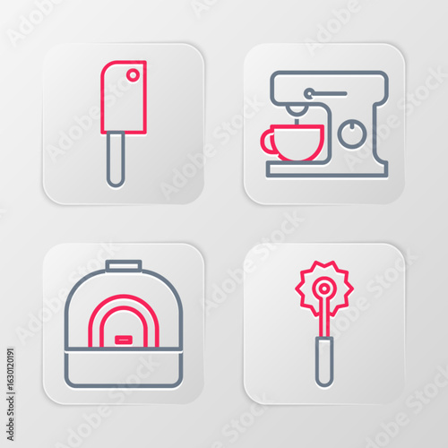 Set line Pizza knife, Oven, Electric mixer and Meat chopper icon. Vector
