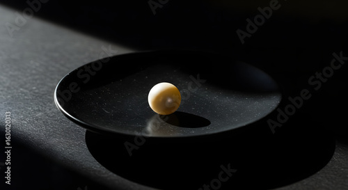 Minimalist still life of yellow ball on black plate with shadows and light contrast on dark surface