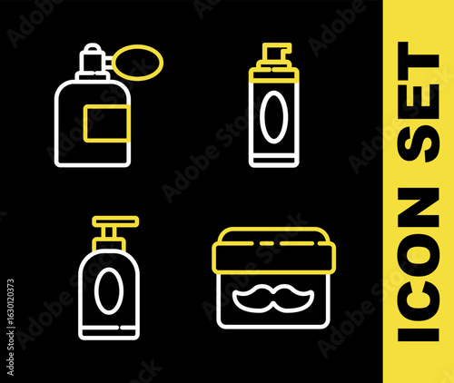 Set line Shaving gel foam, Cream or lotion cosmetic jar, tube and Aftershave bottle with atomizer icon. Vector