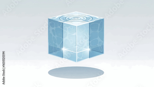 Abstract concept of a levitating transparent cube filled with clear liquid, showing ripples on the surface.