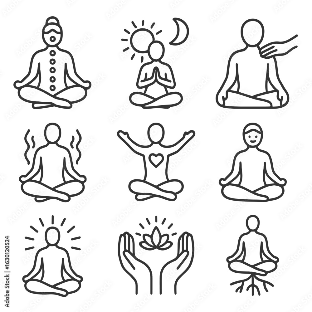 Yoga Harmony Icons. Outline icon set of yoga for healing and balance: chakra alignment, sun and moon, gentle Yoga Harmony Icons. Outline icon set of yoga for healing and balance: chakra alignment, sun and moon, gentle