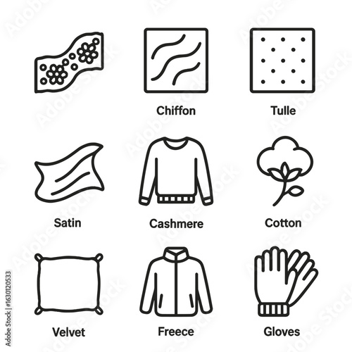 Soft Fabric Icons. Outline icon set of softness in fabrics: lace, chiffon, tulle, satin, cashmere sweater, soft cotton, velvet