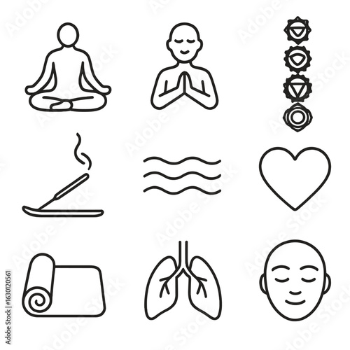 Yoga Healing Icons. Outline icon set of yoga for emotional healing: lotus pose, meditation, chakra symbols,
