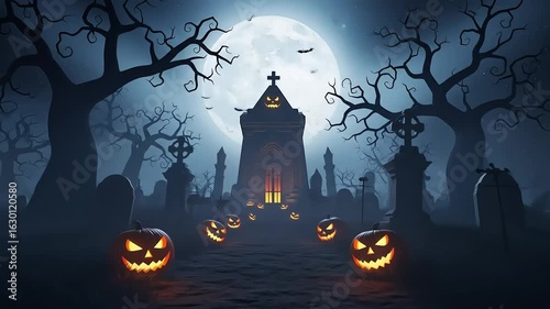 Eerie Halloween Night Graveyard Scene with Full Moon Orange Jack O Lanterns and Silhouetted Trees Tombstones Mausoleum Under a Foggy Gothic Sky