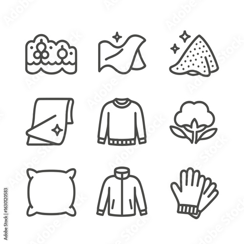 Soft Fabric Icons. Outline icon set of softness in fabrics: lace, chiffon, tulle, satin, cashmere sweater, soft cotton, velvet
