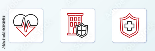 Set line Health insurance, and House with shield icon. Vector