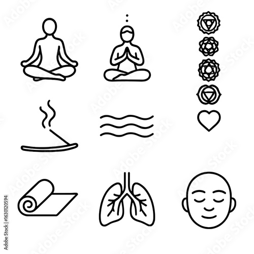 Yoga Healing Icons. Outline icon set of yoga for emotional healing: lotus pose, meditation, chakra symbols,