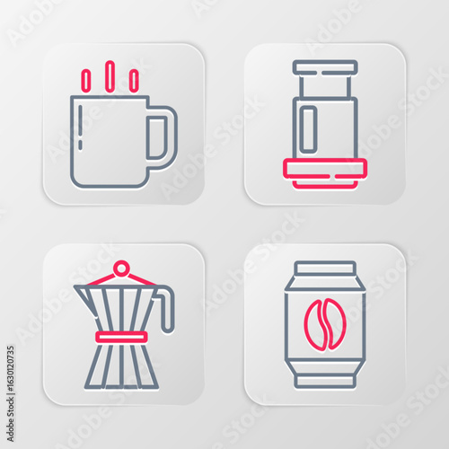 Set line Bag of coffee beans, Coffee moca pot, Aeropress and cup icon. Vector