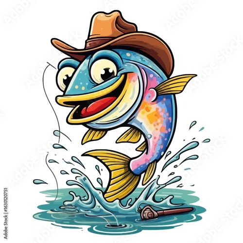 Funny cartoon trout with cowboy hat. Happy fishing mascot vector illustration.
