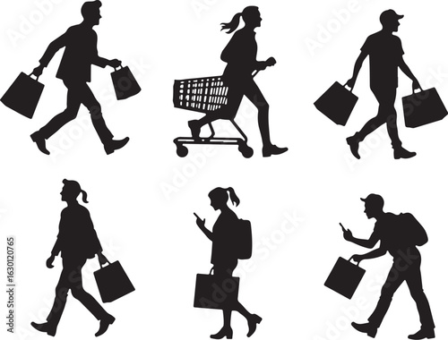 Diverse shoppers actively buying with bags and phones