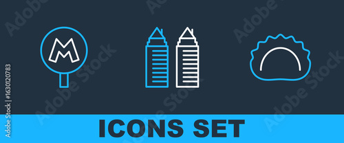 Set line Dumplings, Metro or Underground and Two towers Dnipro icon. Vector