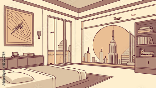 Cartoon Bedroom Interior with City View and Airplane Art.
