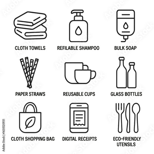 Zero Waste Hospitality Icons. Outline icon set of zero waste hospitality: cloth towels, refillable shampoo,