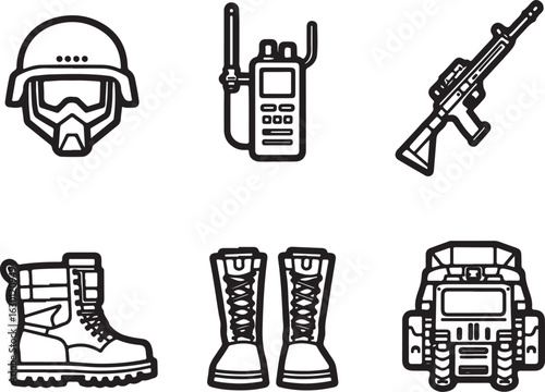 Essential tactical gear icons for military and security themes.