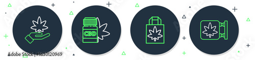 Set line Medical bottle with marijuana, Shopping paper bag of, Marijuana or cannabis leaf and and store icon. Vector