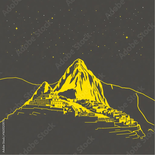 Machu Picchu bathed in golden light in Peru under a star-filled sky