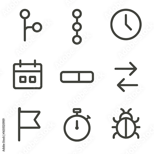 Software Timeline Icons. Outline icon set of software timeline: code branches, commit markers, clock, calendar, progress bar,